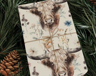 Papel de regalo con flores silvestres de vacas de las tierras altas Papel de regalo con animales de granja, vacas lindas, flores, cumpleaños, vacaciones, papel de regalo con temática de vaquero del oeste
