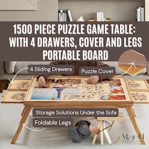Board Gaming Table & Puzzle Coffee Table 1500 Piece Puzzle Board with Foldable Legs, 4 Drawers, Cover Wooden Puzzle Table for Birthday Kids