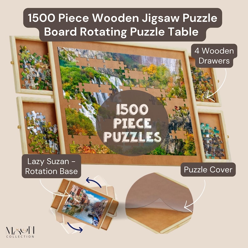 May include: A wooden jigsaw puzzle table with a rotating base and four drawers. The table is designed to hold a 1500 piece puzzle. The table has a puzzle cover and a lazy susan base.