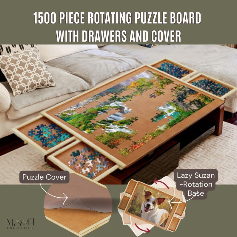 May include: A 1500 piece rotating puzzle board with drawers and a cover. The board is made of wood and has a cork surface. The drawers are used to store puzzle pieces. The cover is used to protect the puzzle when it is not in use. The board is sitting on a couch. The text "Lazy Suzan -Rotation Base" is visible in the image.