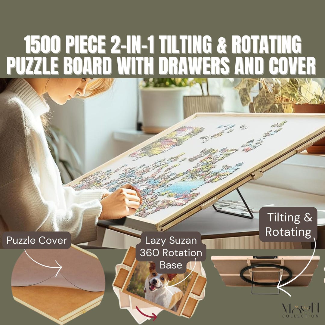 Plateau Rotatif Lifewit 1500 Pièces – 89x68,5 Cm, 4 Tiroirs, Couvercle, Poignée – Support Inclinable – Pour Puzzle Et Jeux