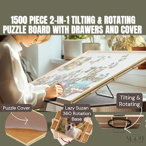 May include: A wooden puzzle board with the text "1500 PIECE 2-IN-1 TILTING & ROTATING PUZZLE BOARD WITH DRAWERS AND COVER". The board has a tilting and rotating feature, a cover, and a Lazy Suzan 360 rotation base.