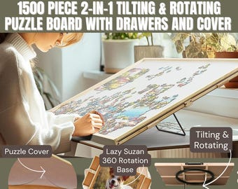 1500 Piece 2-in-1 Tilting and Rotating Puzzle Board 4 Drawers Cover 35x25"Portable Rotating Wooden Jigsaw Puzzle Table Game Board Birthday