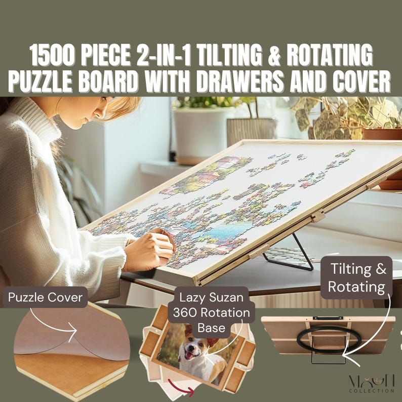 1500 Piece 2-in-1 Tilting and Rotating Puzzle Board 4 Drawers Cover ...