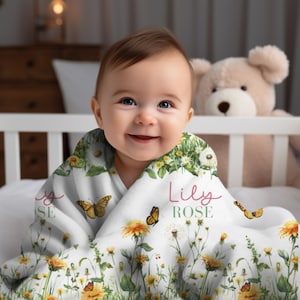 Couverture personnalisée d&#39;emmaillotage de papillon de pissenlit, couverture de ressort de nom de bébé de fleur personnalisée d&#39;emmaillotage de fille nouvelle maman cadeau cadeau nouveau-né cadeau de baby shower