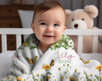 Anpassad maskrosfjärilsfilt, blomma, babynamn, vårfilt, personlig babyfilt, nybliven mamma, present till nyfödd, babyshower