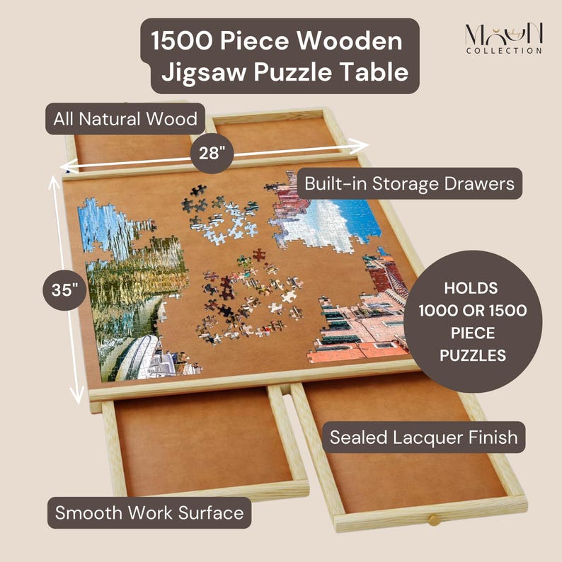 May include: A wooden jigsaw puzzle table with built-in storage drawers. The table is made of natural wood and has a smooth work surface. It can hold 1000 or 1500 piece puzzles. The table measures 35 inches by 28 inches.