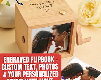 Photo Flipbook Engraved Custom Text & Music Personalized Flipbook Frame with Animation Machine Hand-cranked Box Photo Album with Light Gift