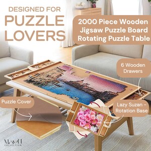 May include: A wooden jigsaw puzzle table with a rotating base and six drawers. The table is designed for puzzle lovers and can hold up to 2000 pieces. The table is shown with a completed puzzle of a cityscape.