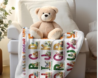 Custom Name Dinosaur Blanket, Alphabet Kids, Baby Boy Blanket, Personalized Name Gift,Dino Throw Blanket for Boys,Educational Blanket w Name
