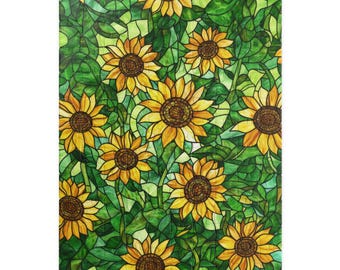 Gebrandschilderd glas zonnebloemen puzzel 1000 stukjes voor volwassenen en kinderen kunstpuzzel kleurrijke mozaïek puzzel cadeau-idee voor bloemenliefhebbers, kerst