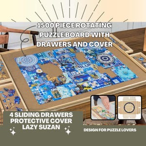 Puzzle Jigsaw Table with 4 Drawers Rotating Wooden Puzzle Board 1500 Piece Jigsaw Puzzle Table with Cover, Christmas Gift,Gift for Him & Her