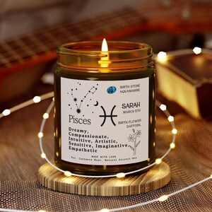 Custom Birthday Candle Astrology Gifts,Birthdate Candle,Personalized Birth Month Candle,Pisces Candle,Birth Flower ZodiacGift,Custom Candle