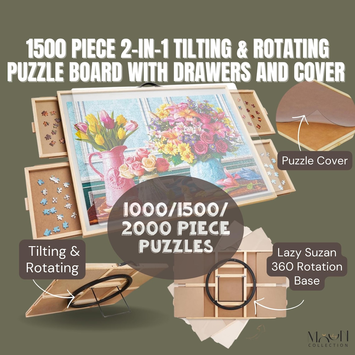 1500 Piece 2-in-1 Tilting and Rotating Puzzle Board 4 Drawers Cover ...