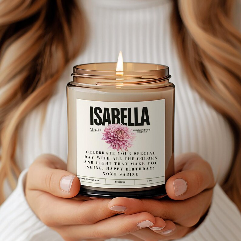 Personalized Birth Month Flower Candle, Custom Birthday Message for Her