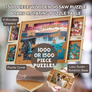 May include: A wooden jigsaw puzzle table with four drawers, a rotating base, and a clear puzzle cover. The table is designed to hold 1000 or 1500 piece puzzles.