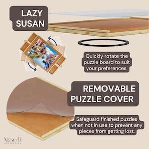 May include: A wooden puzzle board with a removable cover and a rotating base. The base is labeled "Lazy Susan". The board is designed to hold a jigsaw puzzle and rotate for easy viewing.