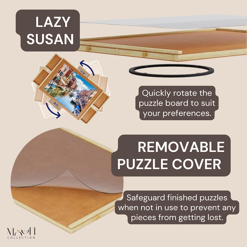 May include: A wooden puzzle board with a removable cover and a rotating base. The base is labeled "Lazy Susan". The board is designed to hold a jigsaw puzzle and rotate for easy viewing.