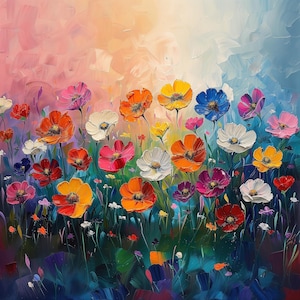 Vibrant Field of Wild Flowers | Acrylic Landscape Painting | Botanical Art Print | Digital Download | Floral Wall Decor