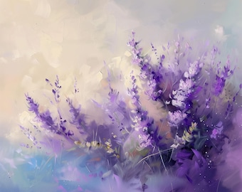 Impresión de paisaje de campo de lavanda: pintura al óleo botánica y tranquila (descarga digital)