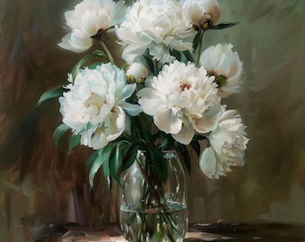 Stampa a olio di peonie bianche: natura morta floreale in vaso di vetro (download digitale)