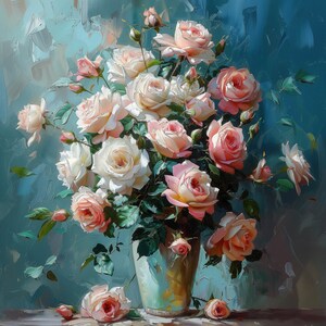Bouquet di rose bianche e rosa in un vaso / Dipinto a olio / Natura morta / Decorazione murale stampabile / Download digitale