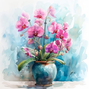 Pink Orchid Watercolor Print | Botanical Wall Art | Light Blue Background | Elegant Floral Illustration | Digital Download Decor