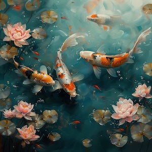 Koi Fish Swimming in a Pond | Serene Scenery | Oil Painting | Nature Illustration | Printable Wall Decor | Digital Download