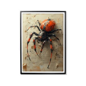 以下が含まれることがあります： 複雑なディテールが施された赤と黒の機械的なクモ。背景は色あせた技術図面です。