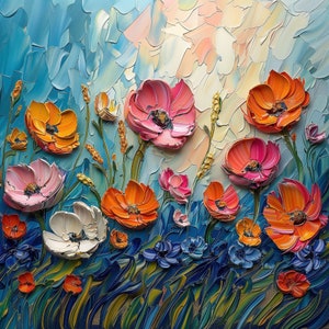 May include: A painting depicting a field of flowers in various shades of pink, orange, and white. The flowers are painted in a thick, textured style, giving the painting a three-dimensional effect. The background is a soft blue and white, creating a sense of depth and space.