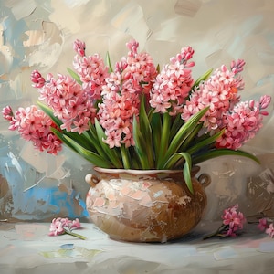 Rustic Pink Hyacinth Flowers Wall Art | Oil Painting Style Floral Print | Vintage Planter Botanical Decor | Digital Download Printable