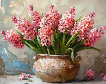 ヒヤシンスの花瓶の水彩画：春の花のアートプリント（デジタル