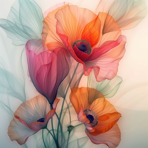 May include: A bouquet of delicate, translucent poppies in shades of pink, orange, and red. The flowers are layered over each other, creating a soft, ethereal effect.