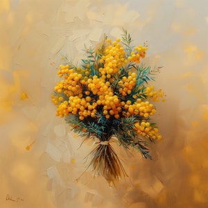 Beautiful Mimosa Flowers Bouquet | Oil Painting Print | Rustic Floral Wall Decor | Botanical Illustration | Digital Download