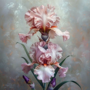 以下が含まれることがあります： ピンクのアイリスが2輪、繊細な花びらとピンク、白、オレンジの複雑な模様が特徴です。花は緑の葉と蕾のあるブーケにアレンジされています。