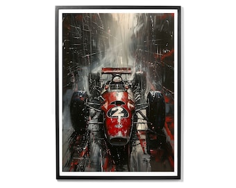 May include: A red race car with the number 2 on the side, driving through a city street. The car is surrounded by a blurry background of buildings and rain.