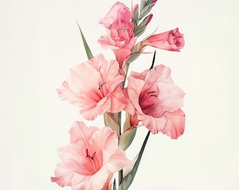 Pink Gladiolus Flower Print: Elegant Watercolor Botanical Art (Digital Download)