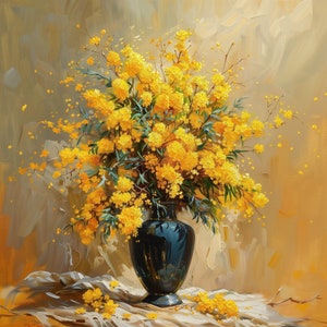 A Beautiful Bouquet of Yellow Flowers in a Vase | Oil Painting Print | Botanical Illustration | Wall Decor | Digital Download