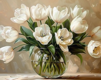 Impresión al óleo de tulipanes blancos: Arte mural floral neutro (descarga digital)