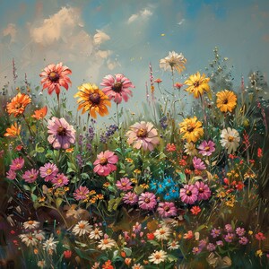 Flower Meadow Colorful Landscape Wall Art | Oil Painting Style Botanical Print | Summer Nature Scene | Digital Download | Printable Decor