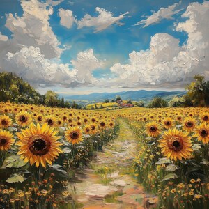 Sunflower Field Landscape Print: Rustic Countryside Road (Digital Download)
