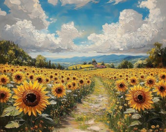 Sunflower Field Landscape Print: Rustic Countryside Road (Digital Download)