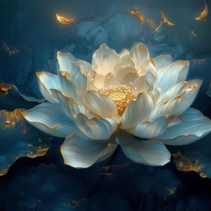 Può includere: Un fiore di loto bianco con un centro giallo, circondato da foglie blu e dorate. Il fiore è a fuoco, mentre lo sfondo è sfocato.