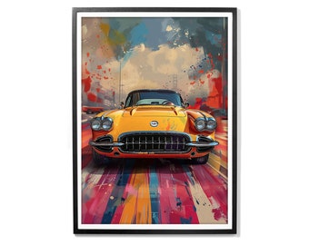 May include: A yellow vintage car with a red interior driving down a colorful street with abstract paint splatters in the background.