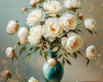 Stampa di peonie bianche in vaso blu: stile romantico dipinto a olio (download digitale)