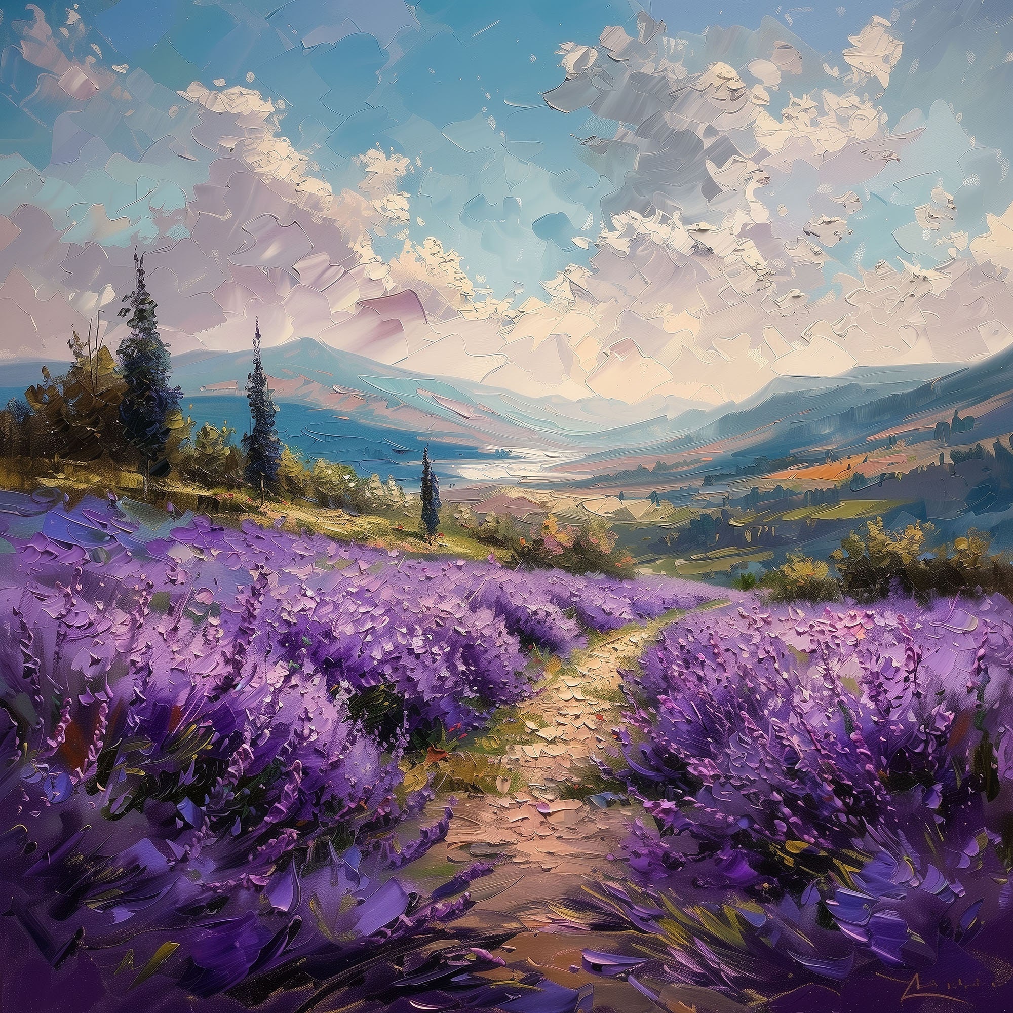 ラベンダー畑の風景画アートプリント：植物油絵スタイル（デジタル