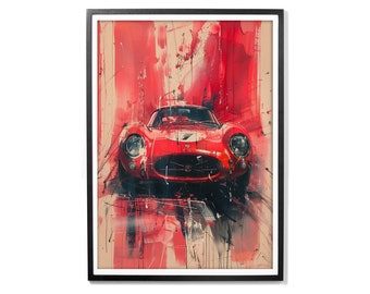 May include: A red vintage race car with a white number 7 on the side, painted in a watercolor style with splashes of red, white, and black paint.