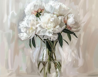 Stampa a olio di peonie bianche: natura morta floreale (download digitale)