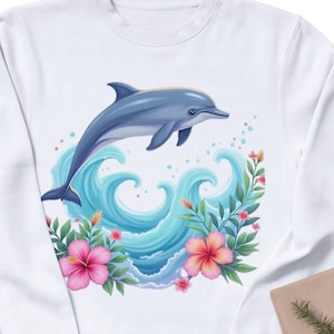 Motif sublimation dauphin : fleurs tropicales, vagues de l&#39;océan (téléchargement numérique PNG)