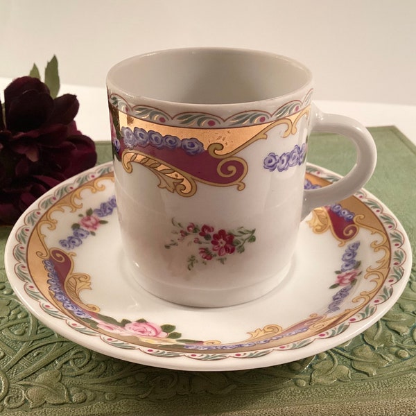 Vintage LG T Limoges Porcelain Floral Tea Cup and Saucer, T Limoges Burgundy Pink Gold Floral Collectable Teacup and Saucer